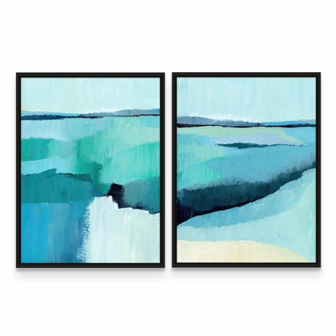 two paintings of blue and green water on a white wall