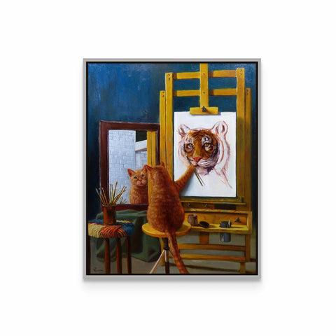 a painting of a tiger and a cat on a easel