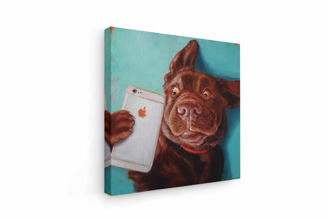 a painting of a dog holding an iphone