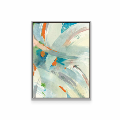 an abstract painting with blue, orange, and white colors