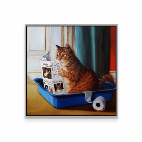 a painting of a cat sitting in a blue container