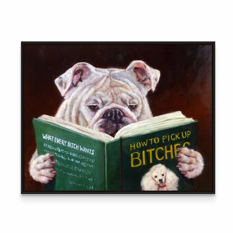 a painting of a dog reading a book