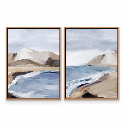 two paintings of a beach with mountains in the background