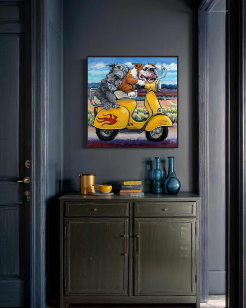 a painting of a dog riding a scooter