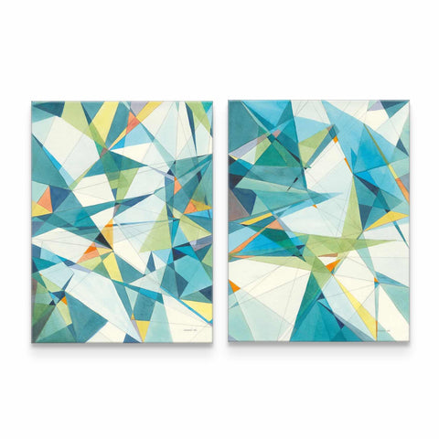 two paintings of blue and yellow triangles