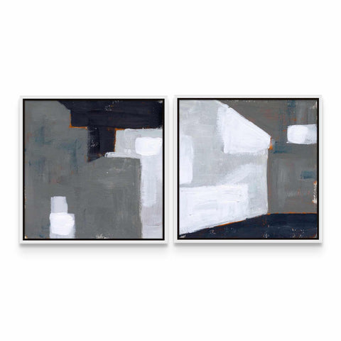 two abstract paintings on a white wall