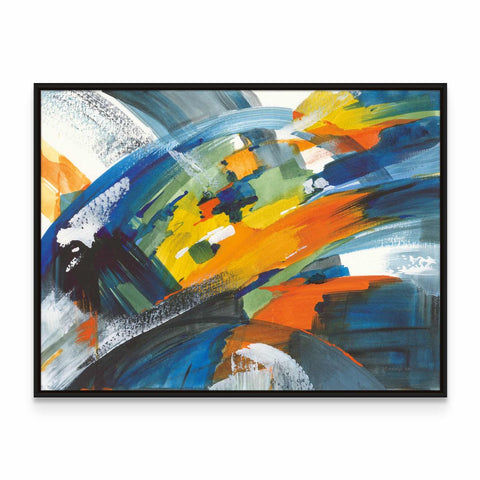 an abstract painting in a black frame on a white wall