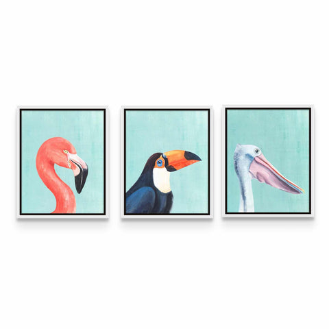 three paintings of birds on a white wall