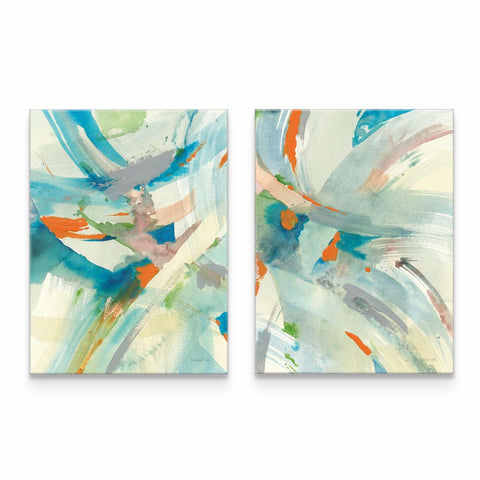 two abstract paintings on a white wall