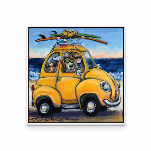 a painting of a yellow car with dogs in it
