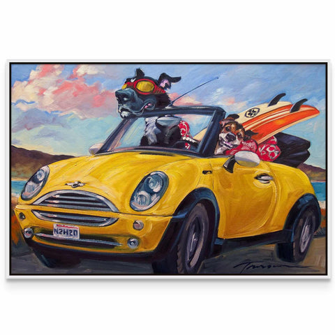 a painting of a dog riding in a yellow car