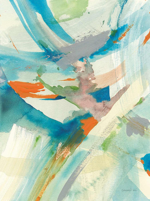 an abstract painting with blue, green, orange and white colors