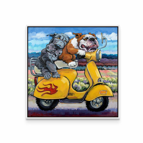 a painting of two dogs riding a scooter