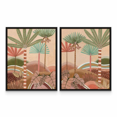 two paintings of palm trees on a wall