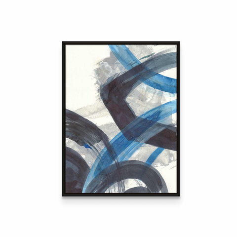 a black and blue painting on a white wall