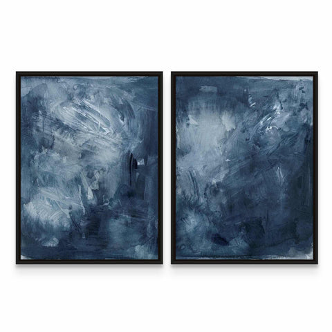 two paintings of blue and white on a white wall