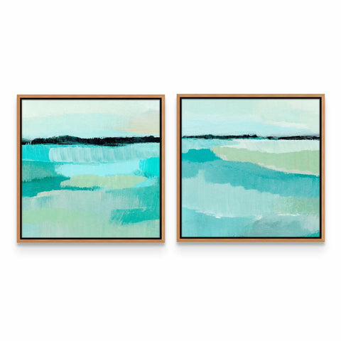 two paintings of blue and green water on a white wall