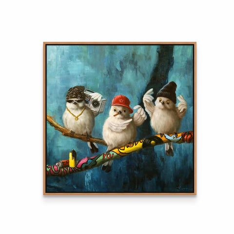 a painting of three birds perched on a branch