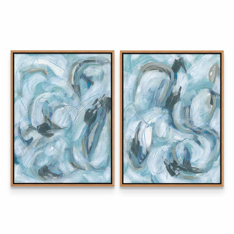two abstract paintings of blue and gray colors