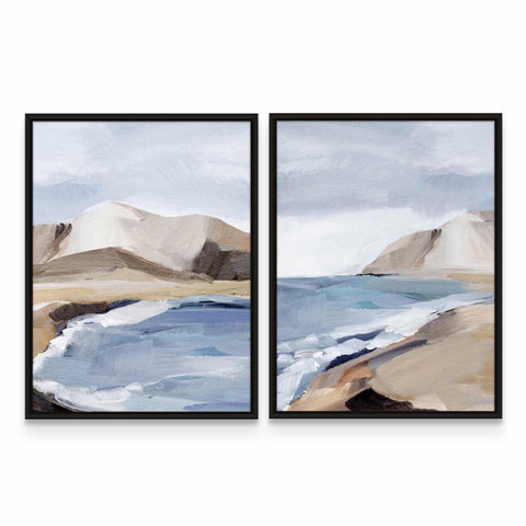 two paintings of a beach with mountains in the background