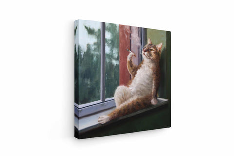 a painting of a cat looking out of a window