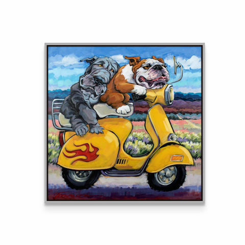 a painting of two dogs riding a scooter