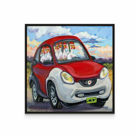 a painting of a red car with three dogs in the front