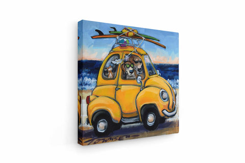 a painting of a yellow car with a surfboard on top of it