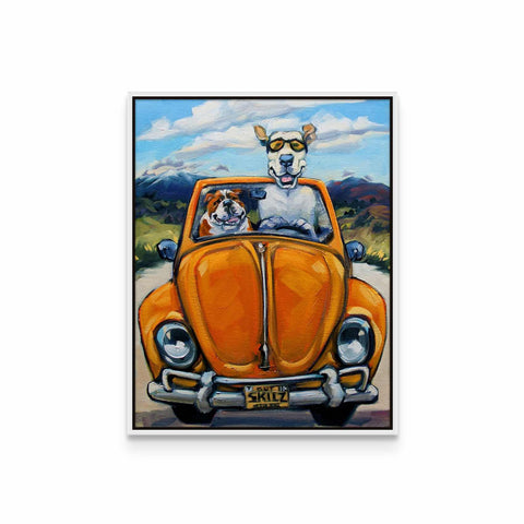 a painting of a dog sitting in the back of a car