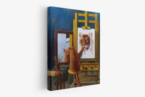 a painting of a cat on a easel next to a painting of a tiger