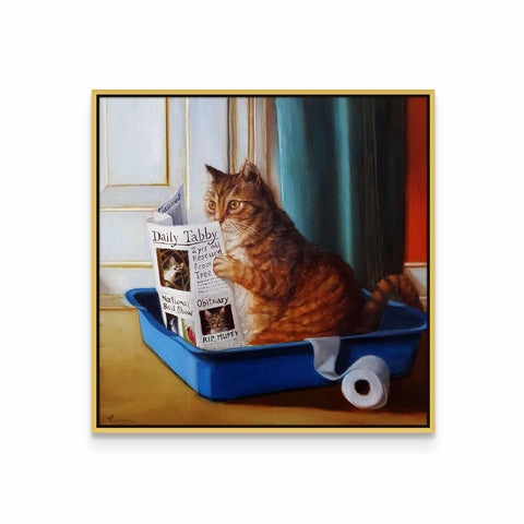 a painting of a cat sitting in a blue container