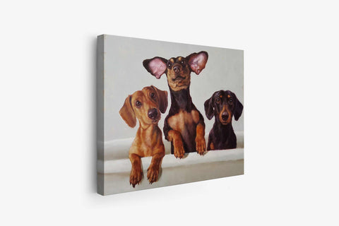 a painting of three dogs sitting in a bathtub