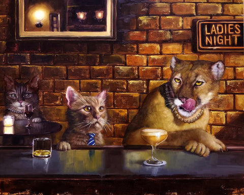 a painting of two cats sitting at a bar