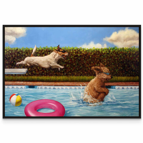 a painting of two dogs playing in a pool