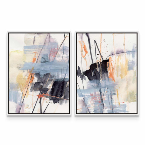 two paintings of abstract art on a white wall