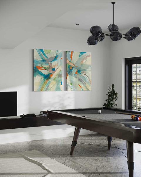 a living room with a pool table and a television