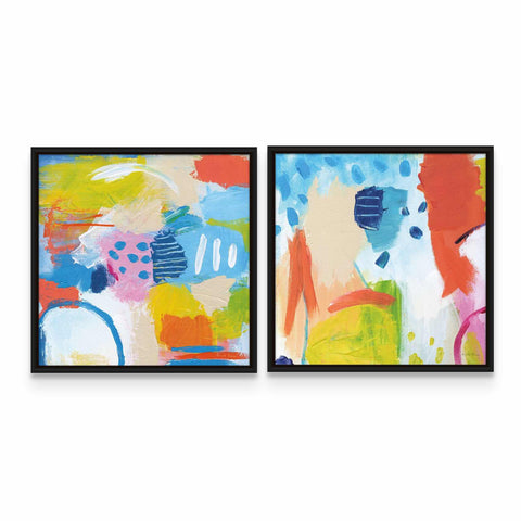 two paintings of different colors on a white wall