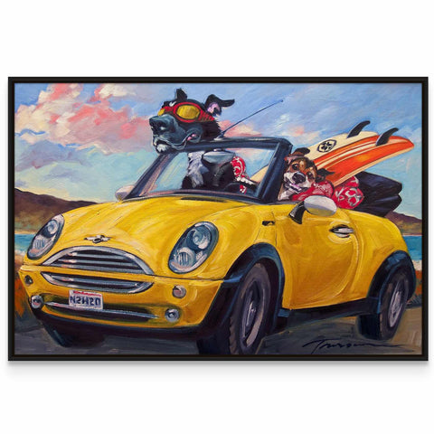 a painting of a dog riding in a yellow car