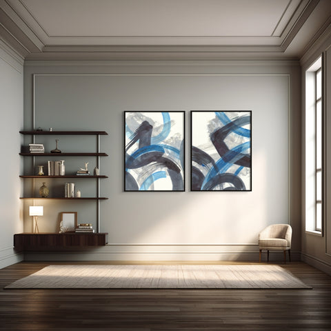 a living room with two paintings on the wall