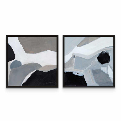two paintings of black and white abstract shapes