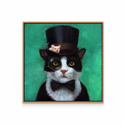 a black and white cat wearing a top hat and glasses