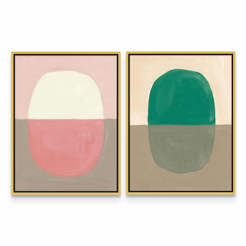 two paintings of different shapes on a white wall