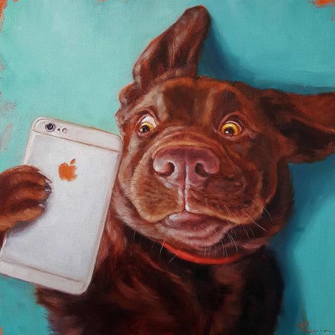 a painting of a dog holding an iphone