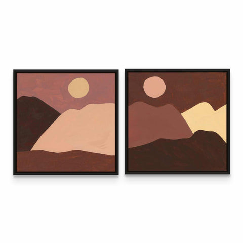 two paintings of mountains with a sunset in the background