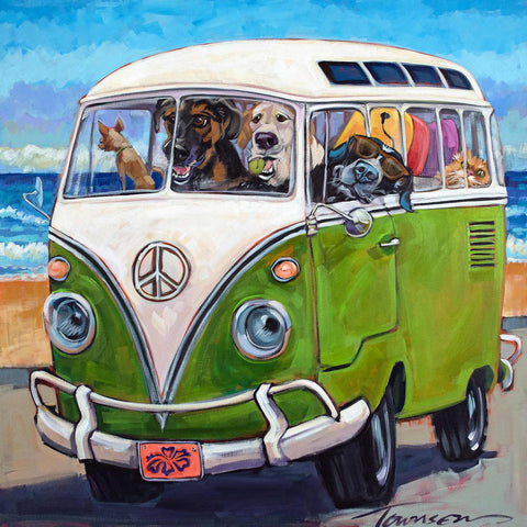 a painting of dogs riding in the back of a van