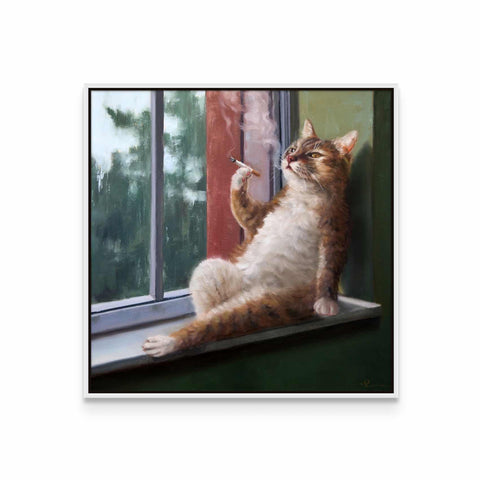 a painting of a cat sitting on a window sill
