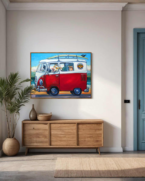 a painting of a vw bus with people inside
