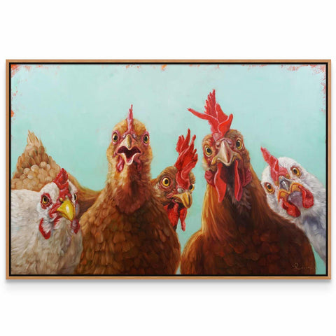 a painting of a group of chickens standing next to each other