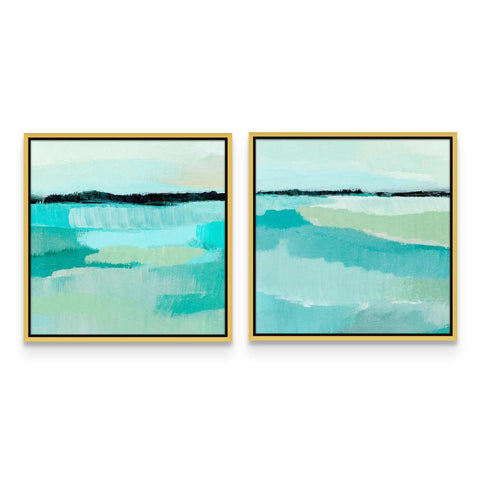 two paintings of blue and green water on a white wall