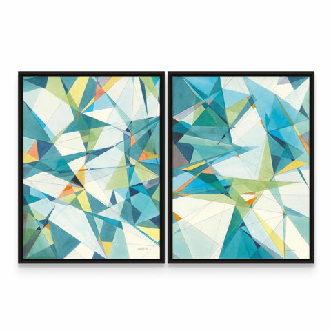 two abstract paintings of blue and green shapes